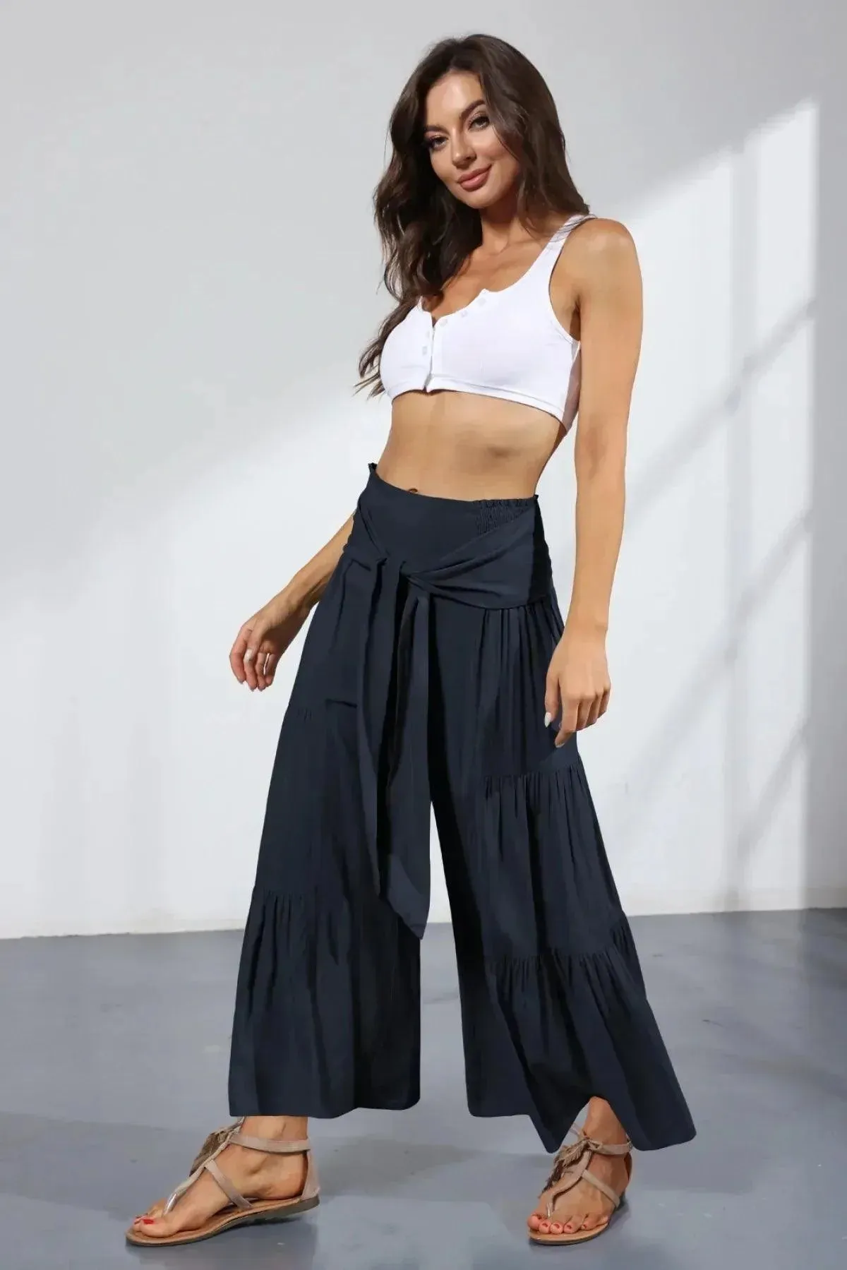 Belted Pleated Solid Wide Leg Pants