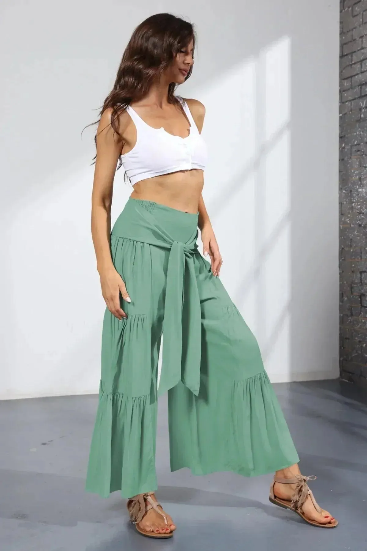 Belted Pleated Solid Wide Leg Pants