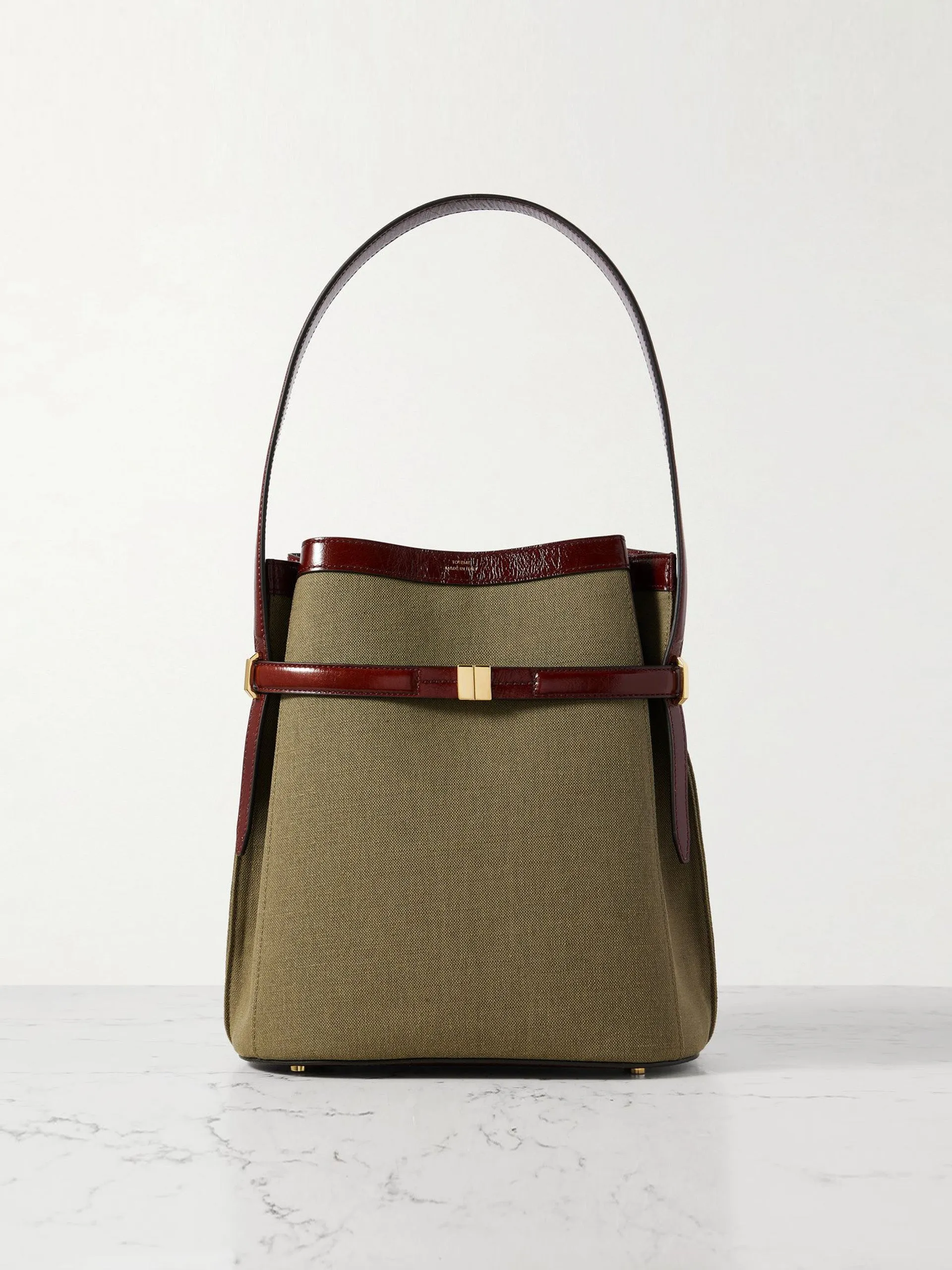 Belted textured leather-trimmed canvas tote