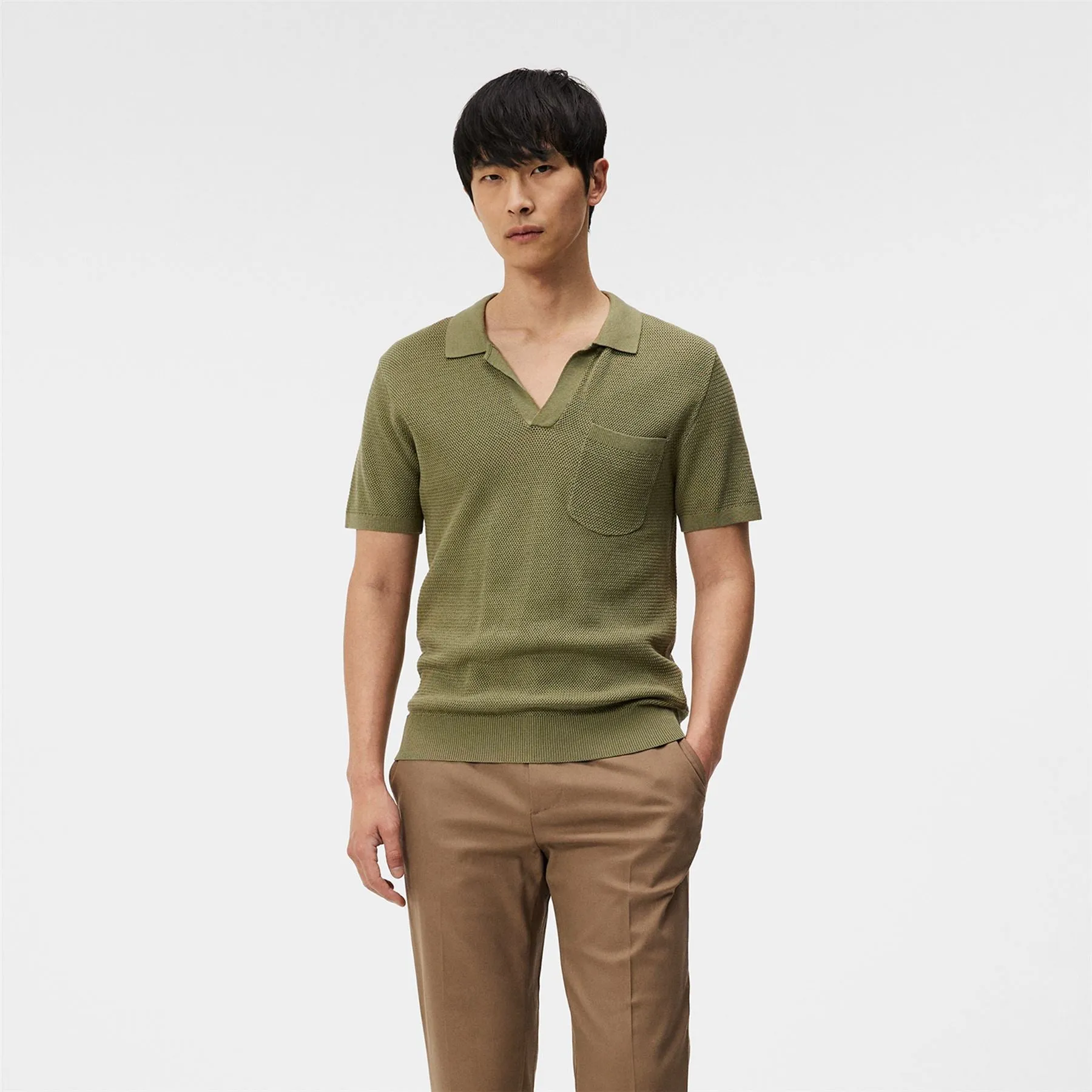 Ben Slim Fit Open Collar Silk Polo Oil Green - SS24