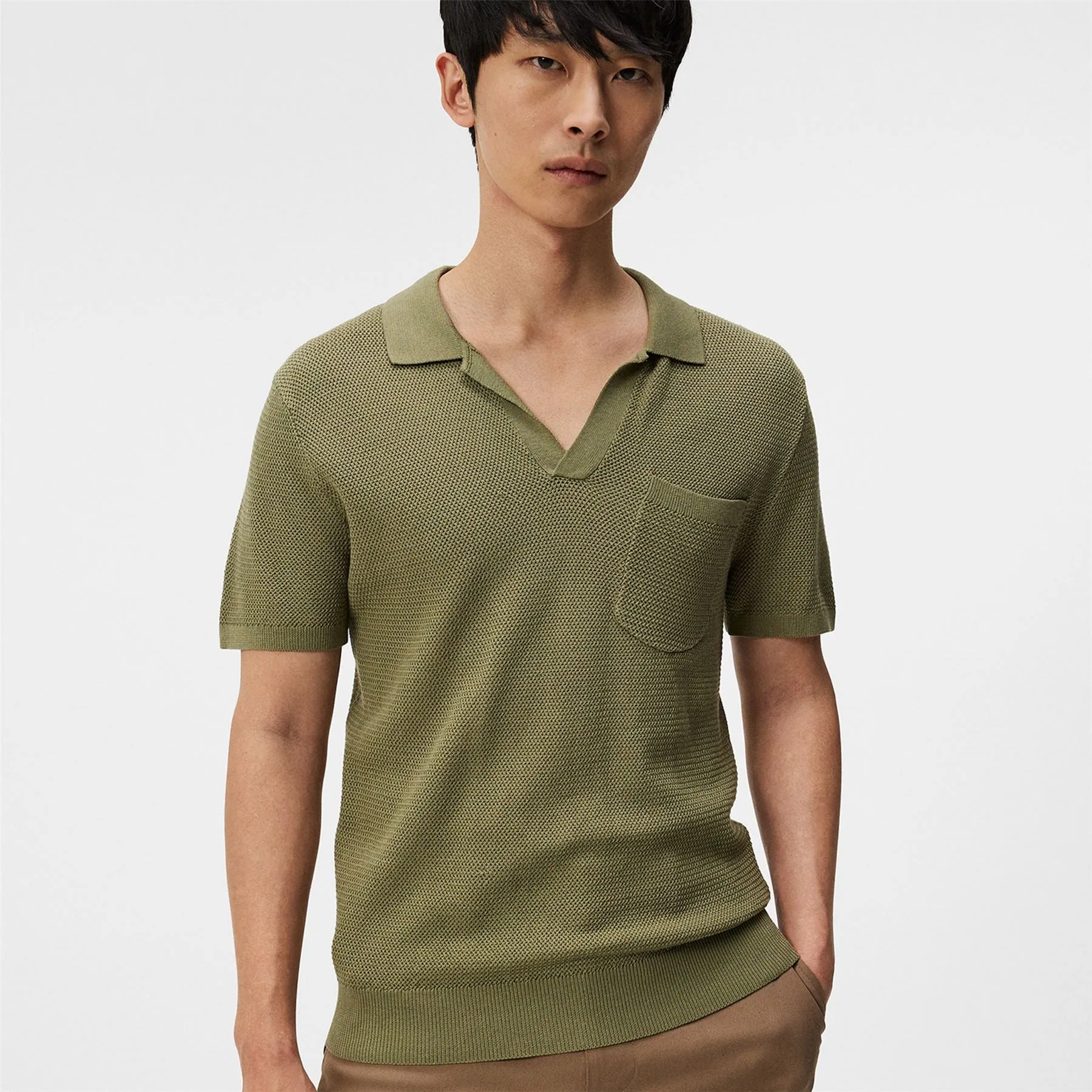 Ben Slim Fit Open Collar Silk Polo Oil Green - SS24