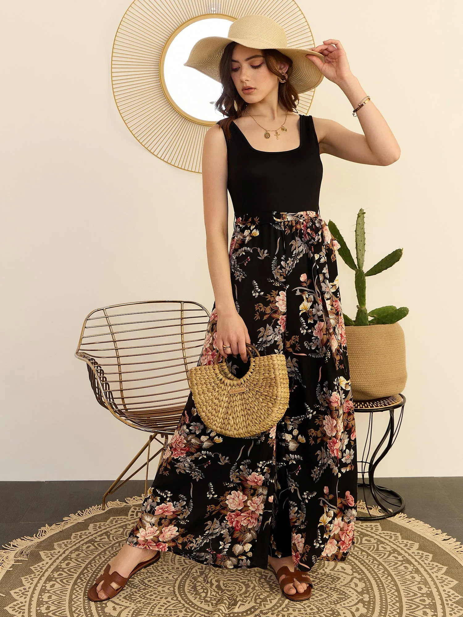 Berrylush Women Black Floral Printed Square Neck Sleeveless Scoop Back Waist Tie-Up Wide-Leg Pleated Maxi Jumpsuit