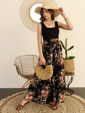 Berrylush Women Black Floral Printed Square Neck Sleeveless Scoop Back Waist Tie-Up Wide-Leg Pleated Maxi Jumpsuit