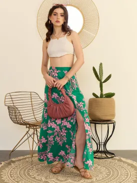 Berrylush Women Green & Pink Floral Printed High-Rise Waist Slip-On Thigh-High Slit Flared Maxi Skirt