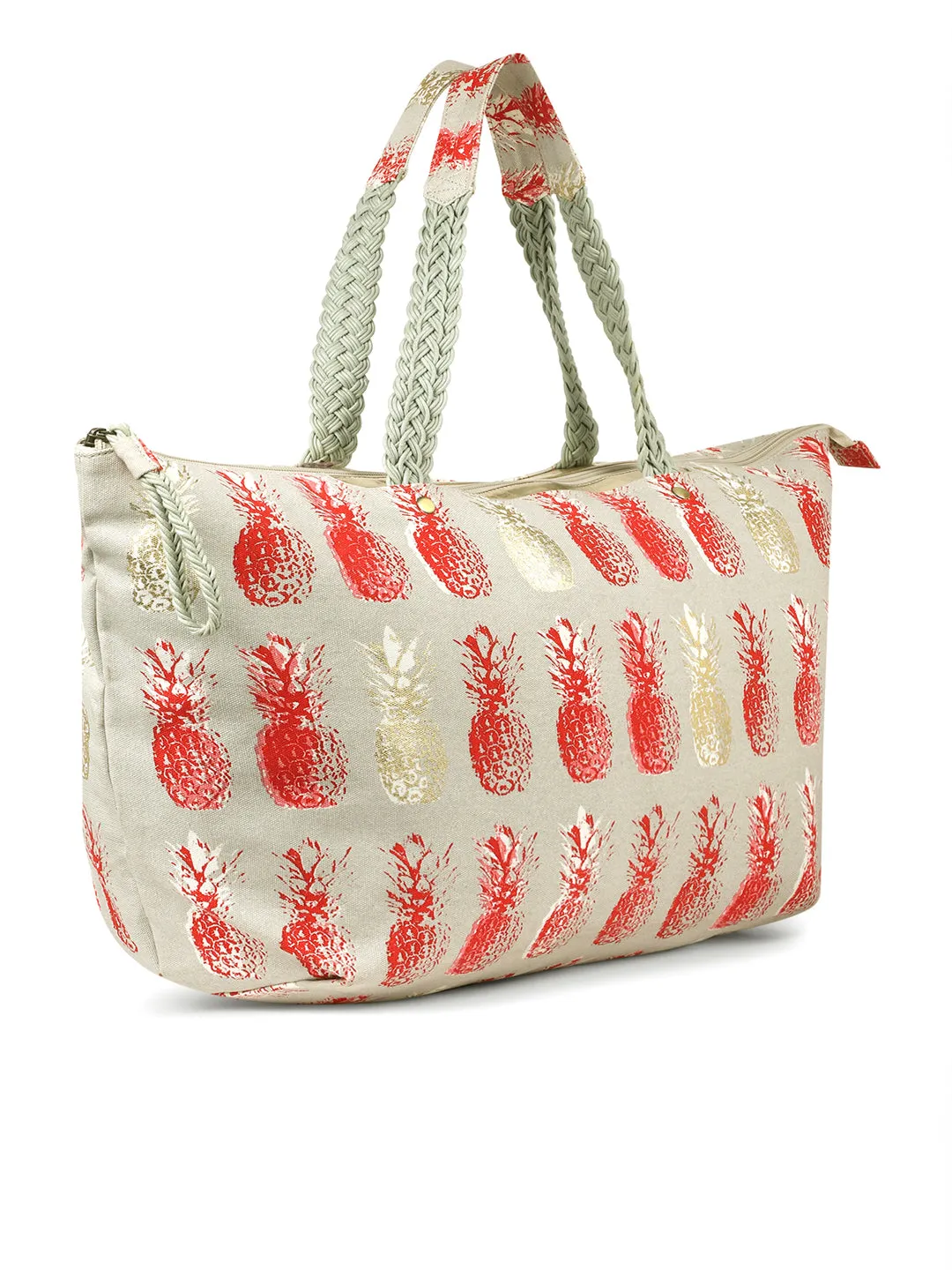 Berrylush Women Grey Pineapple Printed Canvas Zipper-Up Oversized Tote Bag