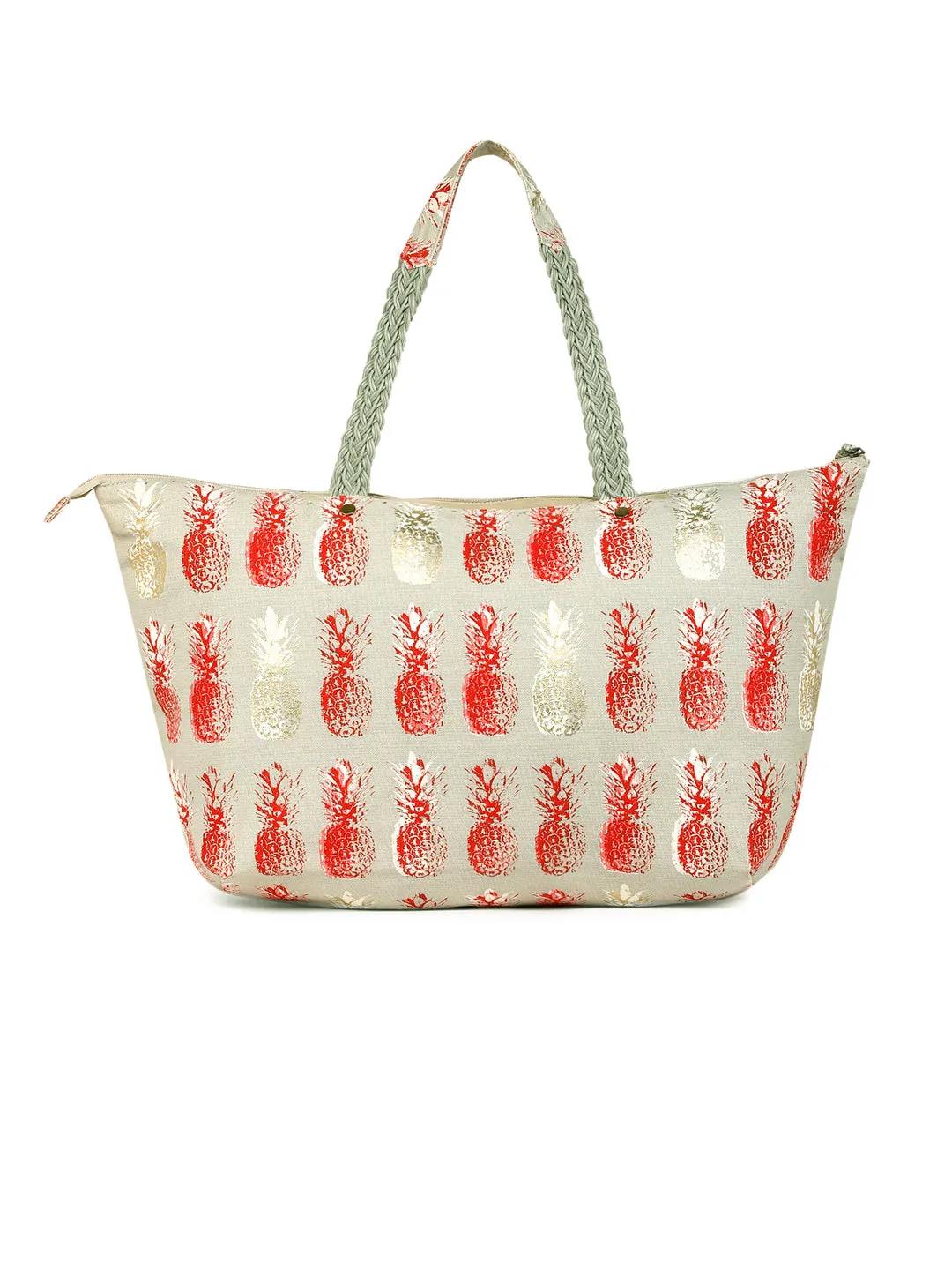 Berrylush Women Grey Pineapple Printed Canvas Zipper-Up Oversized Tote Bag