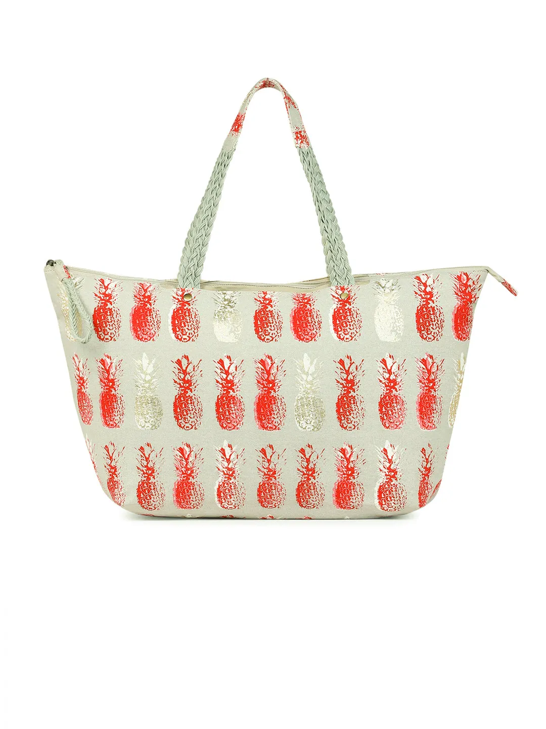 Berrylush Women Grey Pineapple Printed Canvas Zipper-Up Oversized Tote Bag