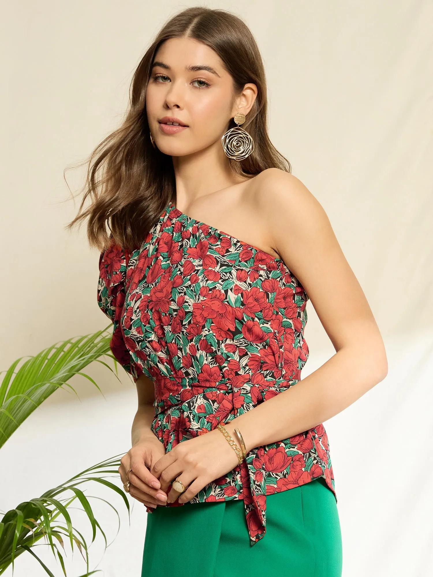 Berrylush Women Red Floral Printed One Shoulder Puff Sleeve Belted Peplum Top