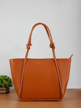 Berrylush Women Solid Brown Synthetic Leather Zipper-Up Knot Oversized Tote Bag