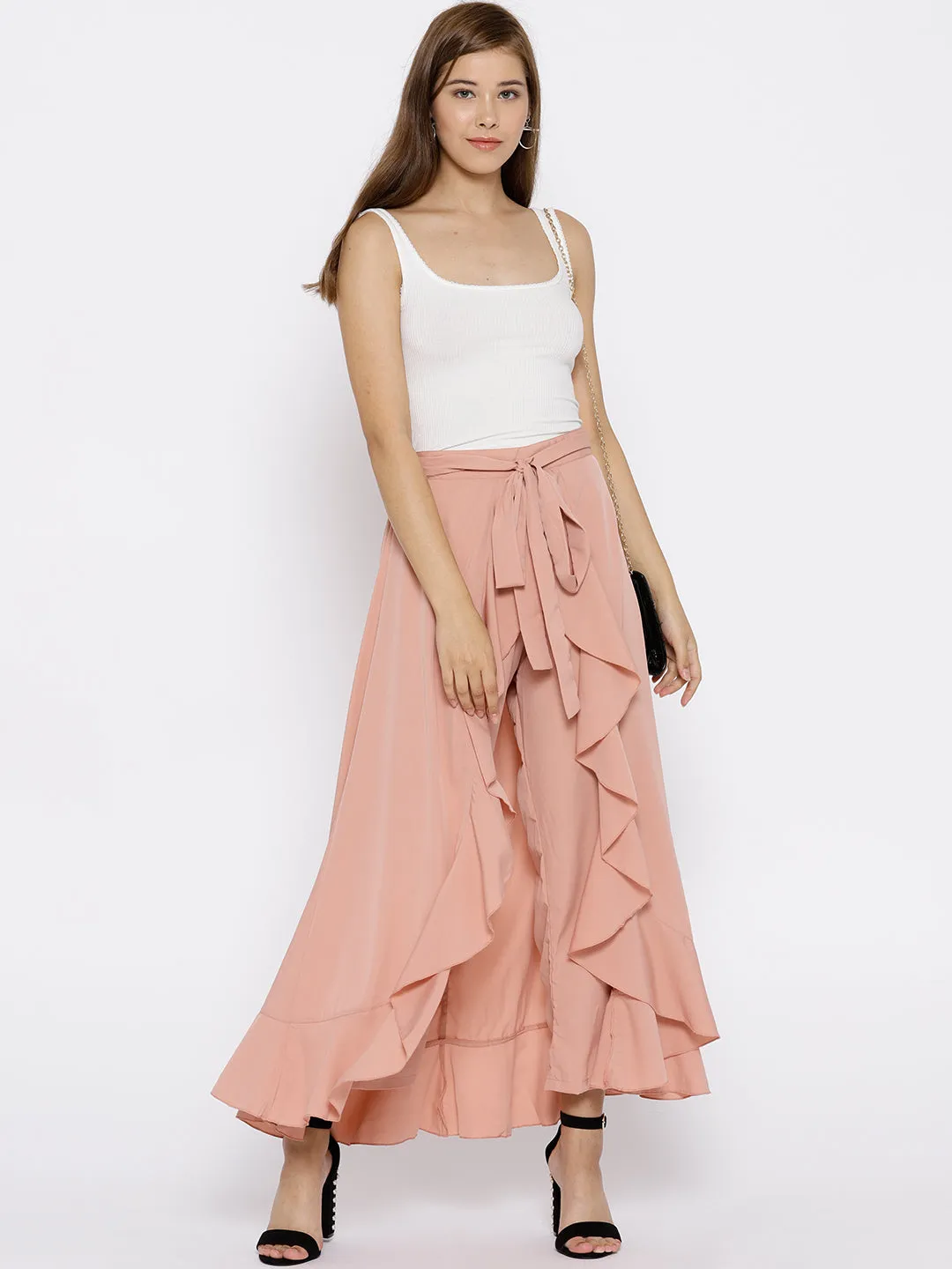 Berrylush Women Solid Dusty Pink Waist Tie-Up Ruffled Maxi Skirt with Attached Trousers