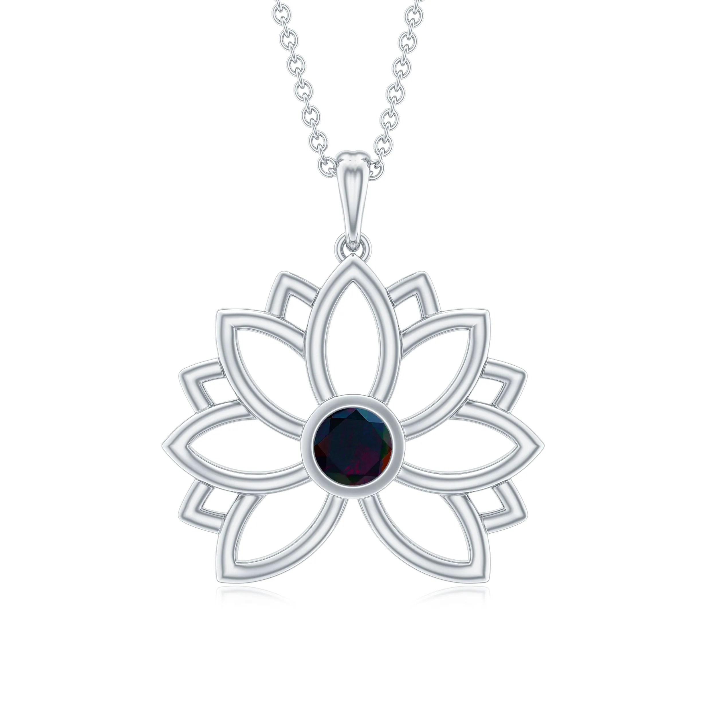 Bezel Set Black Opal Gold Flower Pendant Necklace