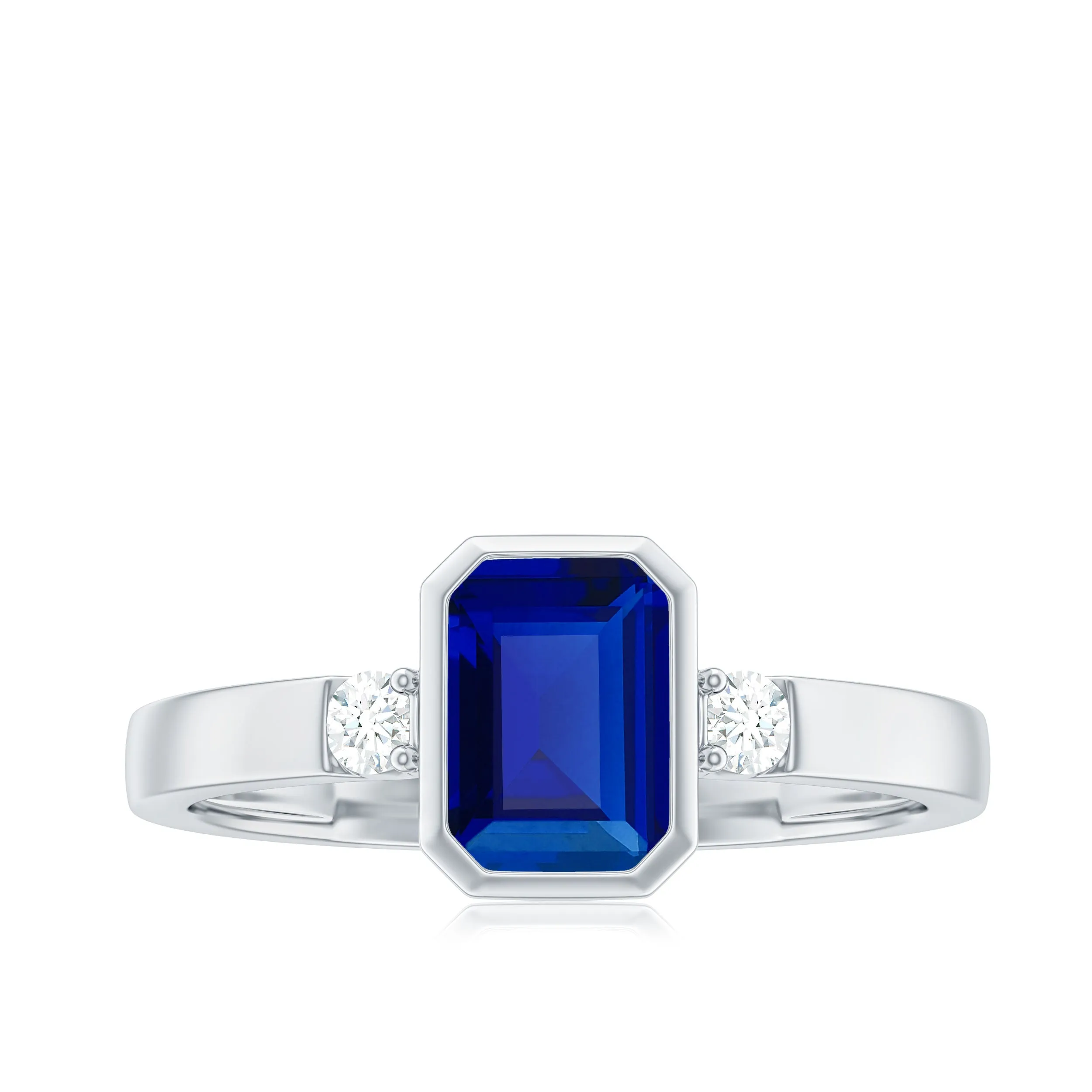 Bezel Set Octagon Cut Created Blue Sapphire Engagement Ring with Diamond