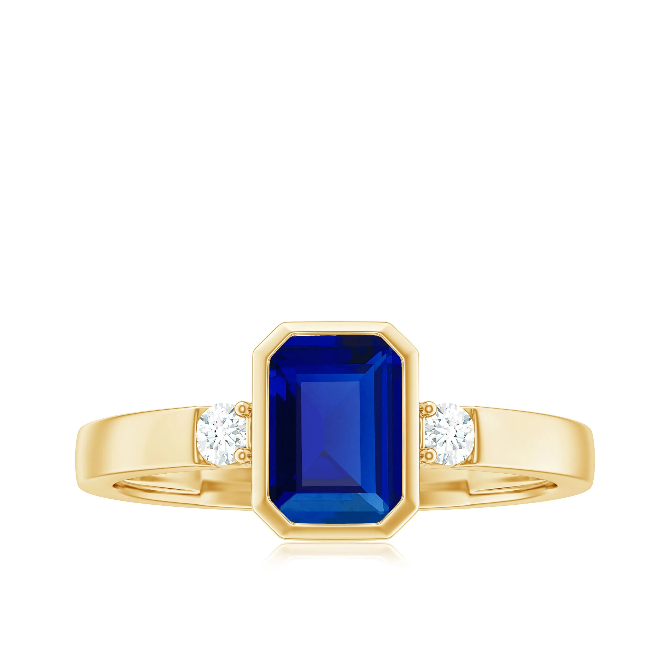 Bezel Set Octagon Cut Created Blue Sapphire Engagement Ring with Diamond