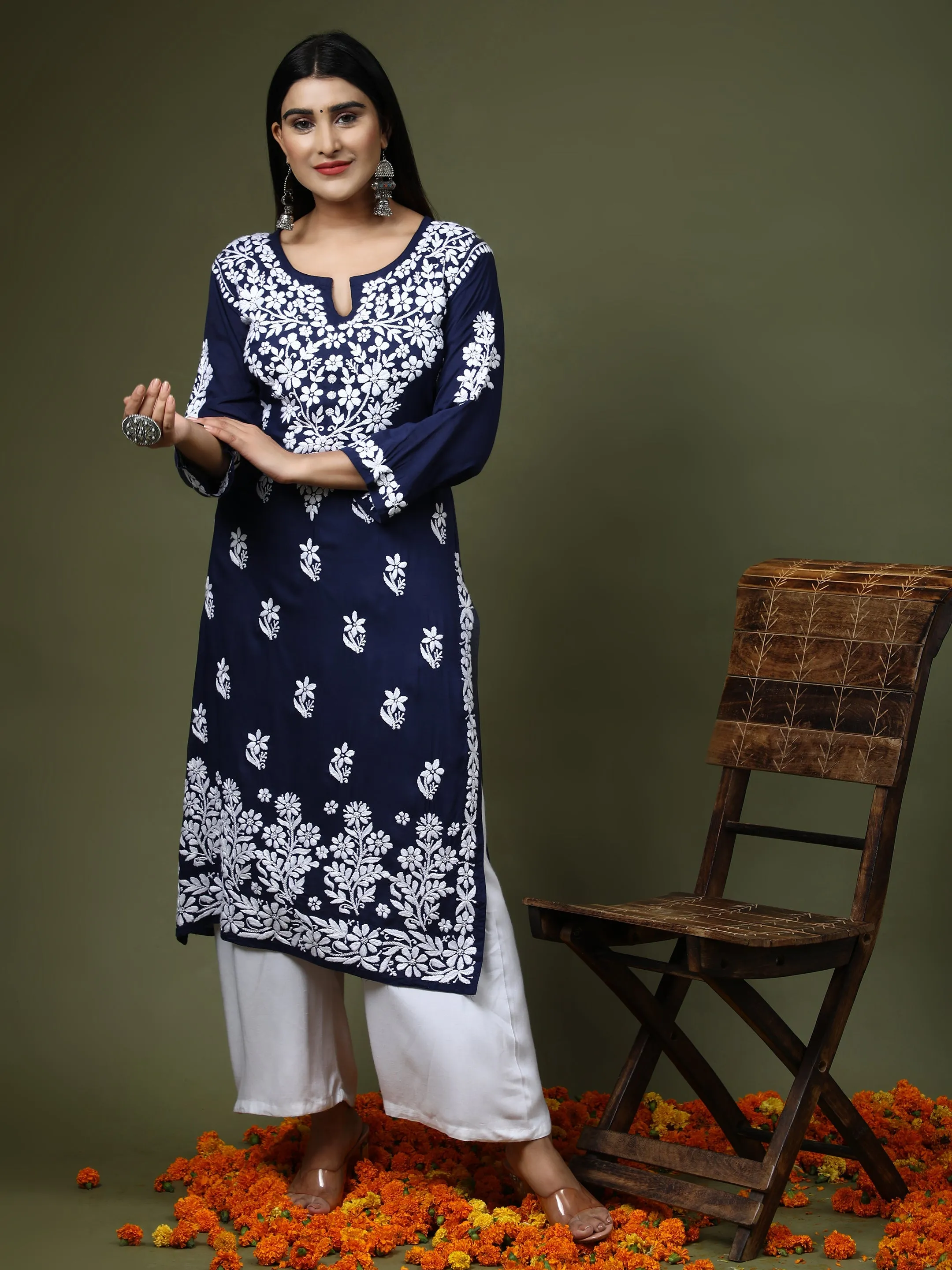 Bhavdeep Kaur in HOK Chikankari Stylish Kurti Navy Blue