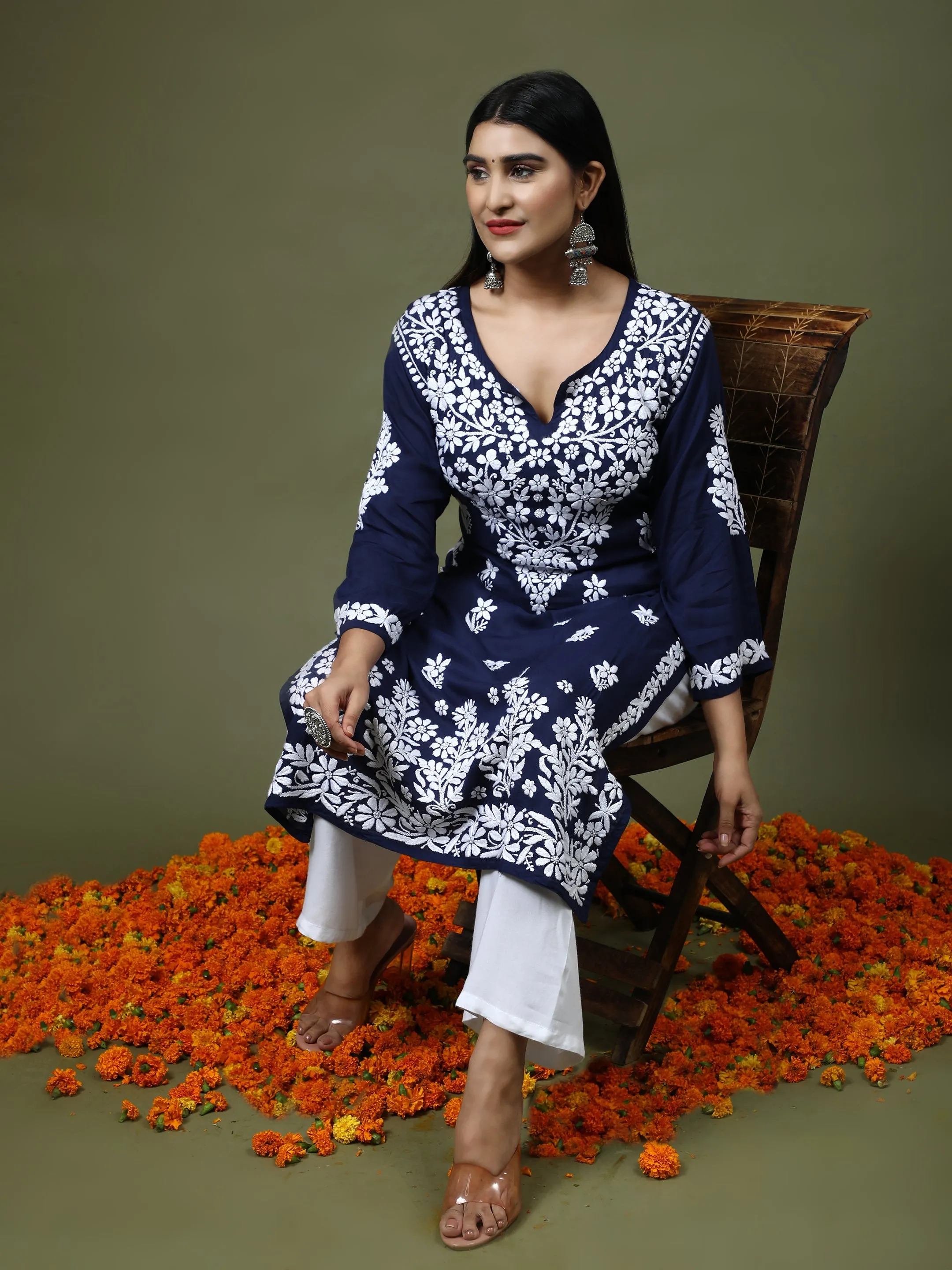 Bhavdeep Kaur in HOK Chikankari Stylish Kurti Navy Blue