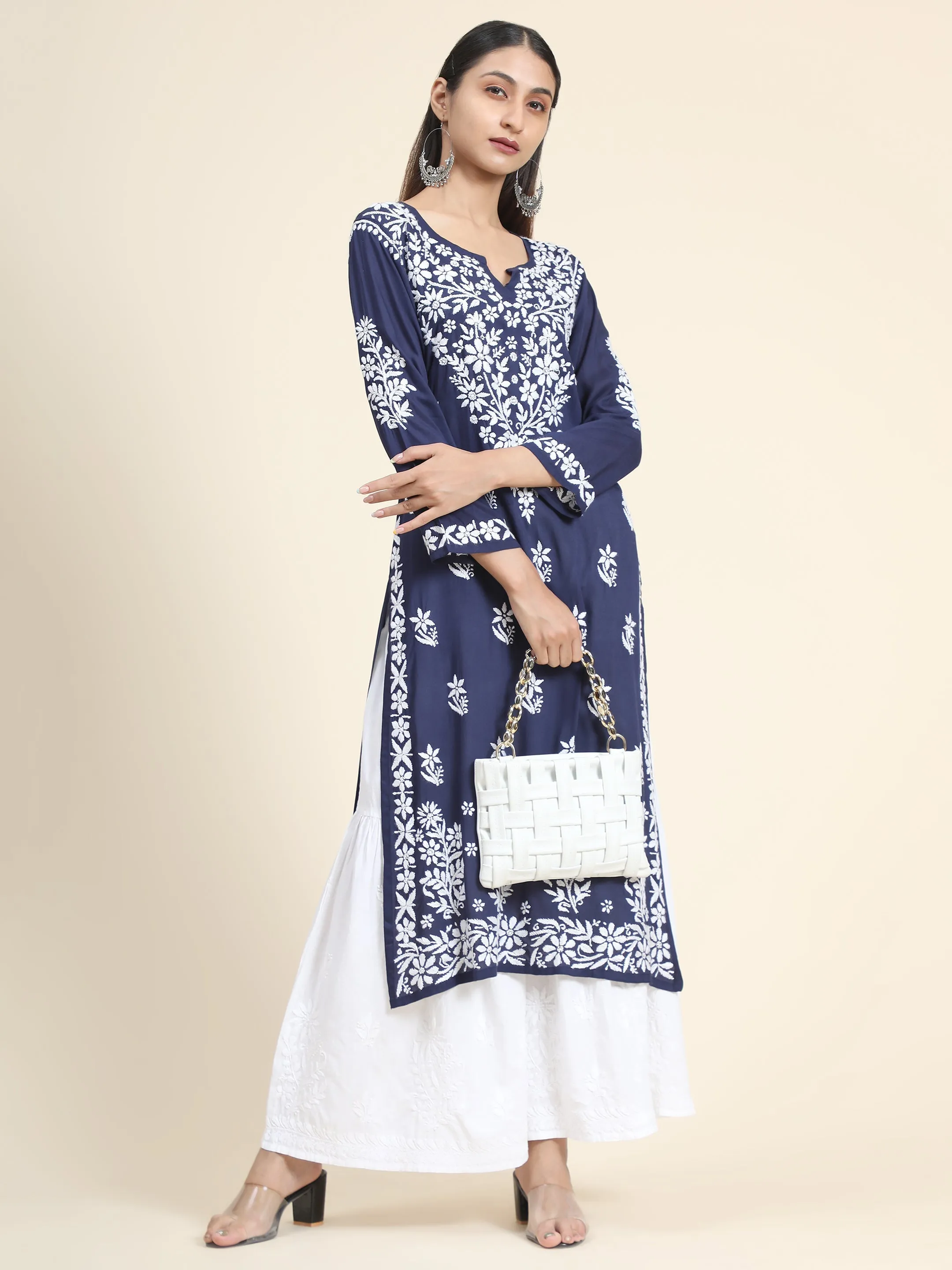 Bhavdeep Kaur in HOK Chikankari Stylish Kurti Navy Blue