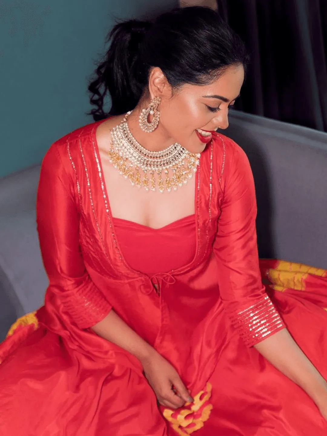 Bindu Madhavi In Diamond Stone Choker With Pearl Tassels