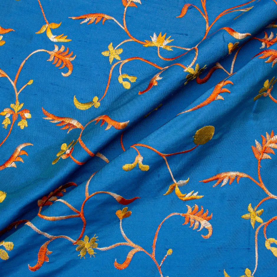 Birds of Paradise Embroidered Blue Silk Shantung