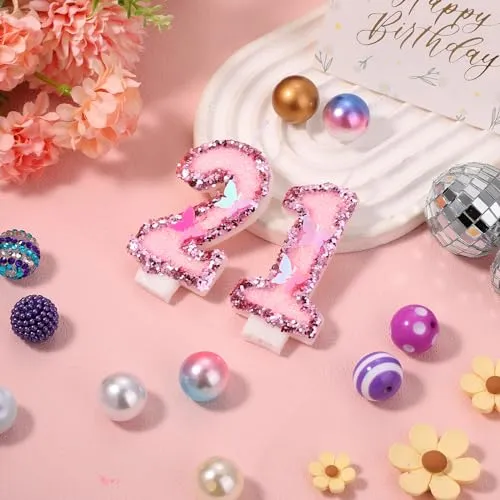 Birthday Number 21 Candles, 2.95in Glitter Butterfly Happy Birthday Cake Toppers Pink Sequins Wedding Numeral Cupcake Decorations for Anniversary Celebration Party Supplies (21th)