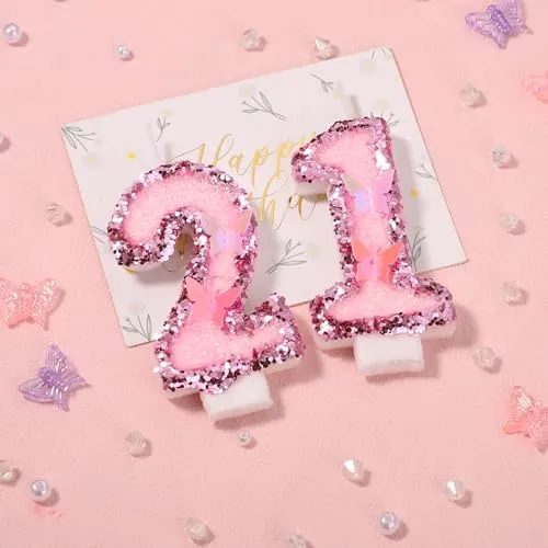 Birthday Number 21 Candles, 2.95in Glitter Butterfly Happy Birthday Cake Toppers Pink Sequins Wedding Numeral Cupcake Decorations for Anniversary Celebration Party Supplies (21th)