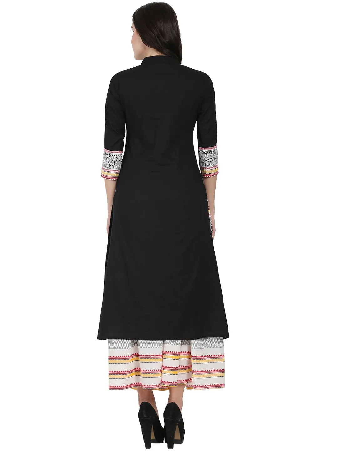 Black 3/4Th Sleeve Cotton Kurta With Off White Printed Ankle Length Flared Skirt