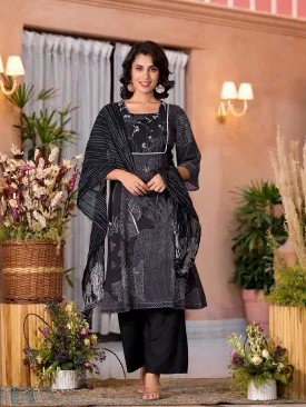 Black Abstract Printed Liva Rayon Kurta Pant And Dupatta Set With Sequins & Thread Work