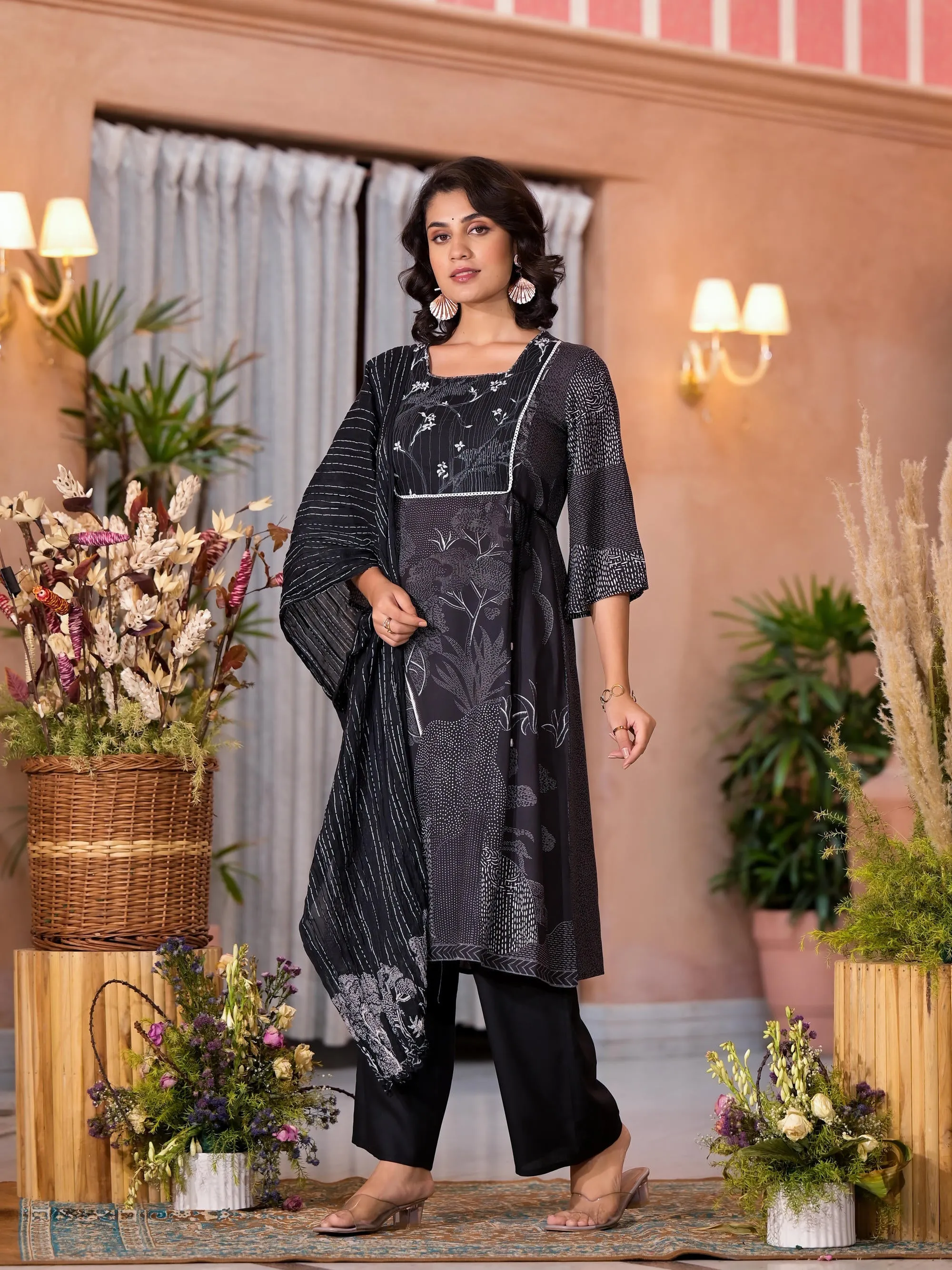 Black Abstract Printed Liva Rayon Kurta Pant And Dupatta Set With Sequins & Thread Work