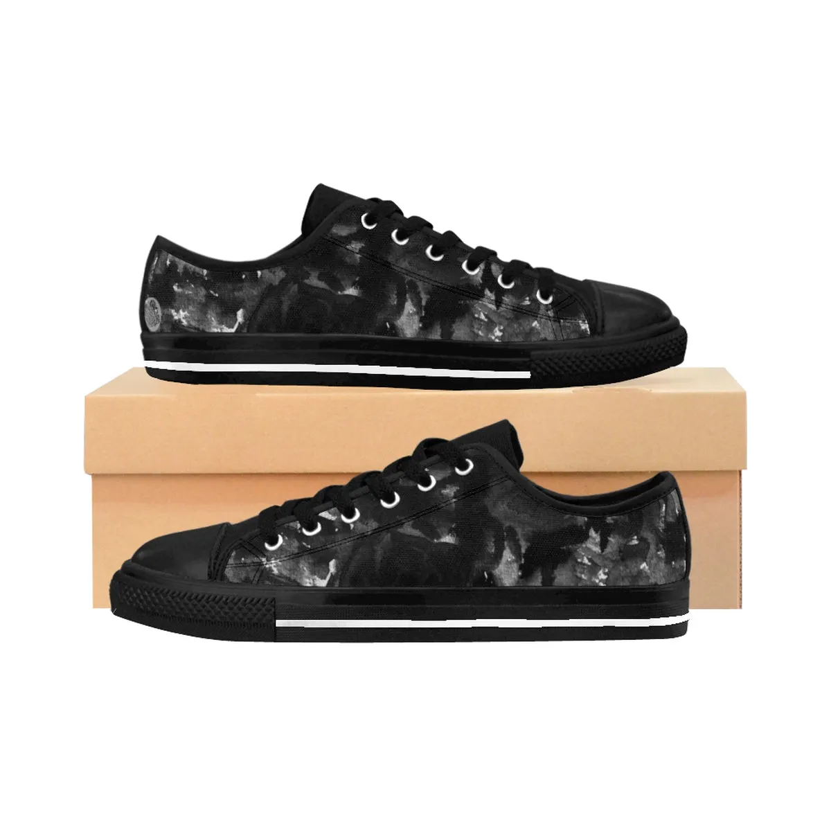 Black Abstract Women's Sneakers, Rose Floral Low Top Fashion Tennis Shoes For Women