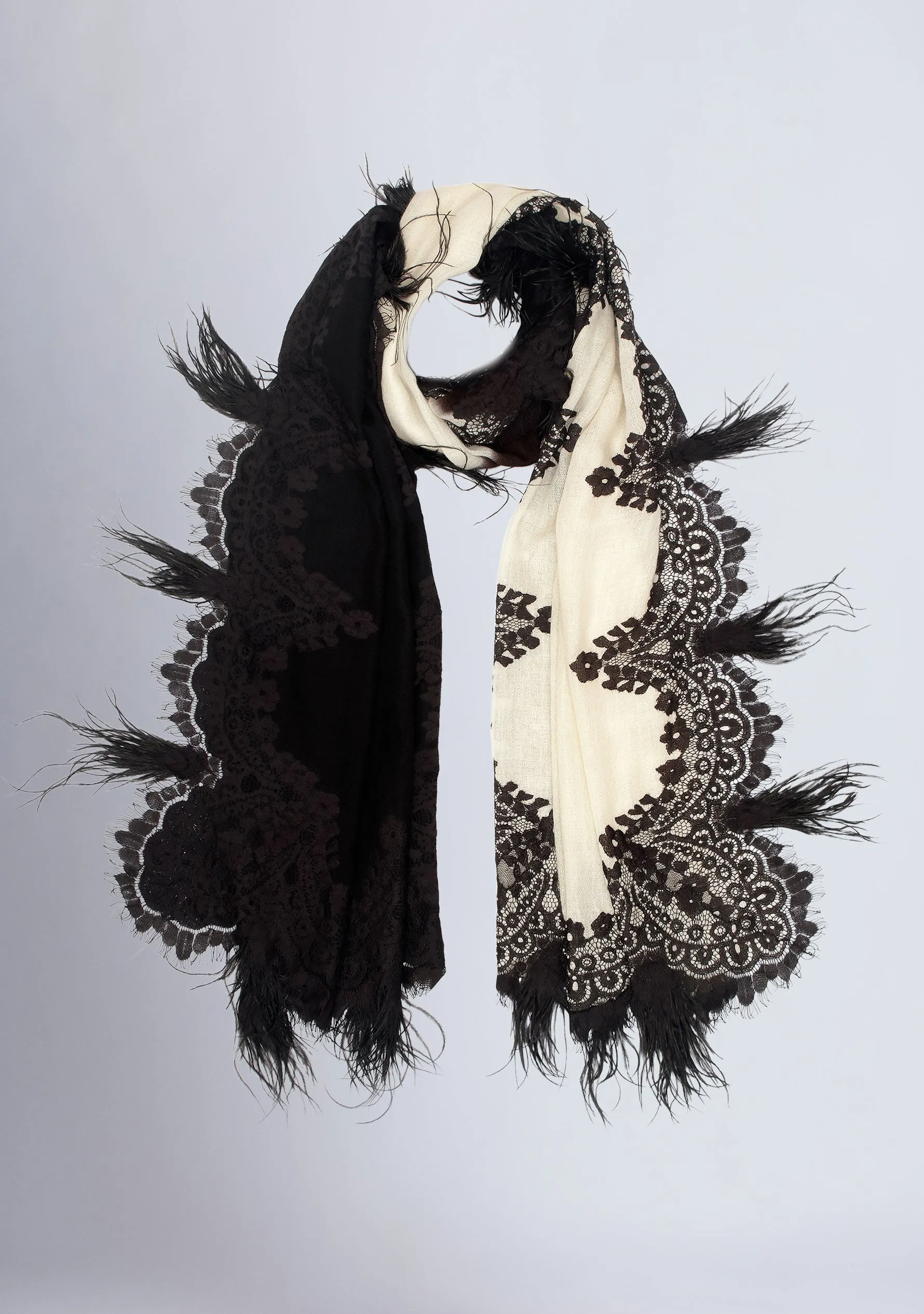 Black & Ivory Ombre Cashmere Scarf with a Black Chantilly Lace Border & Black Ostrich Feathers