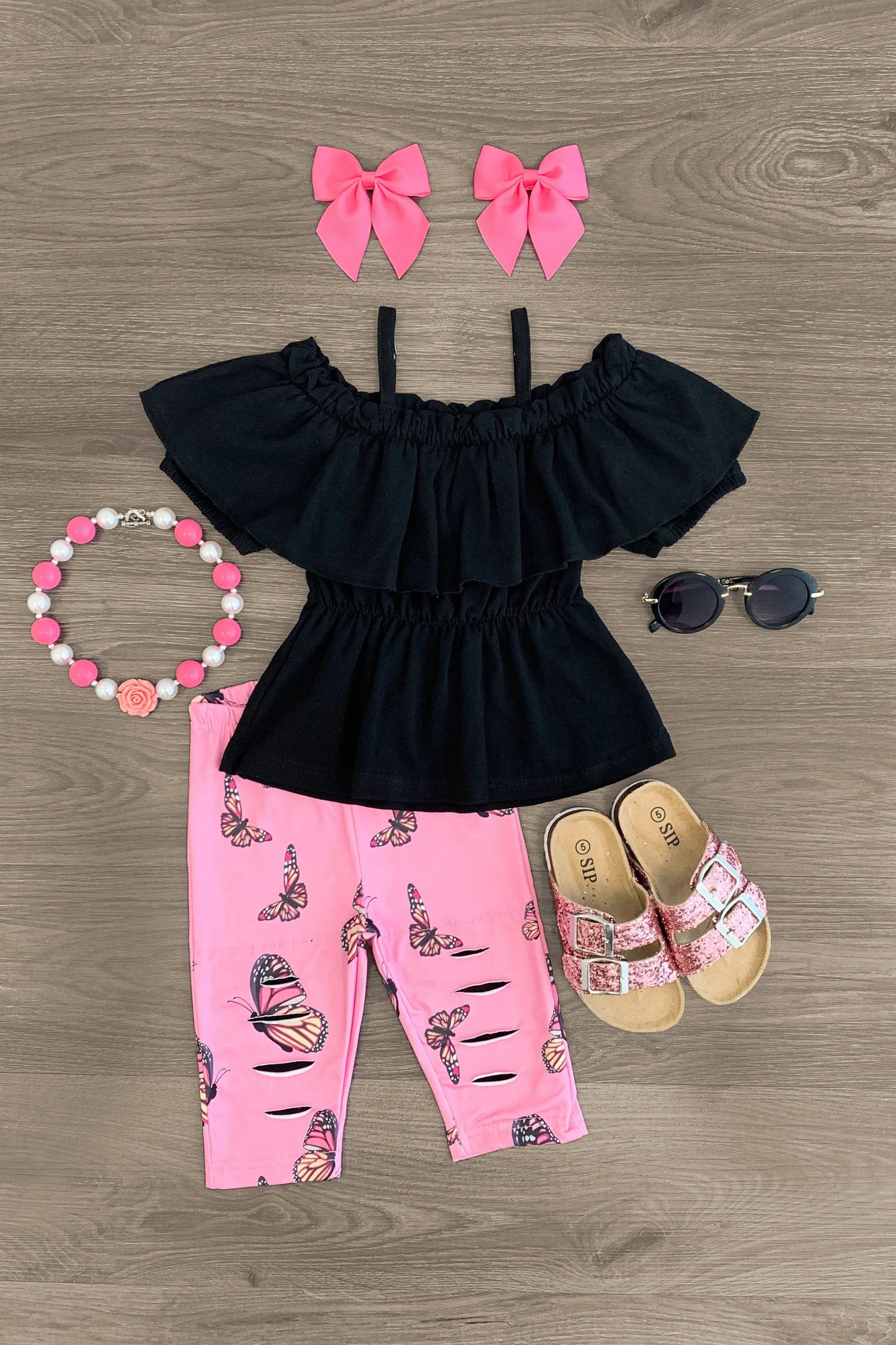 Black & Pink Butterfly Distressed Capri Set