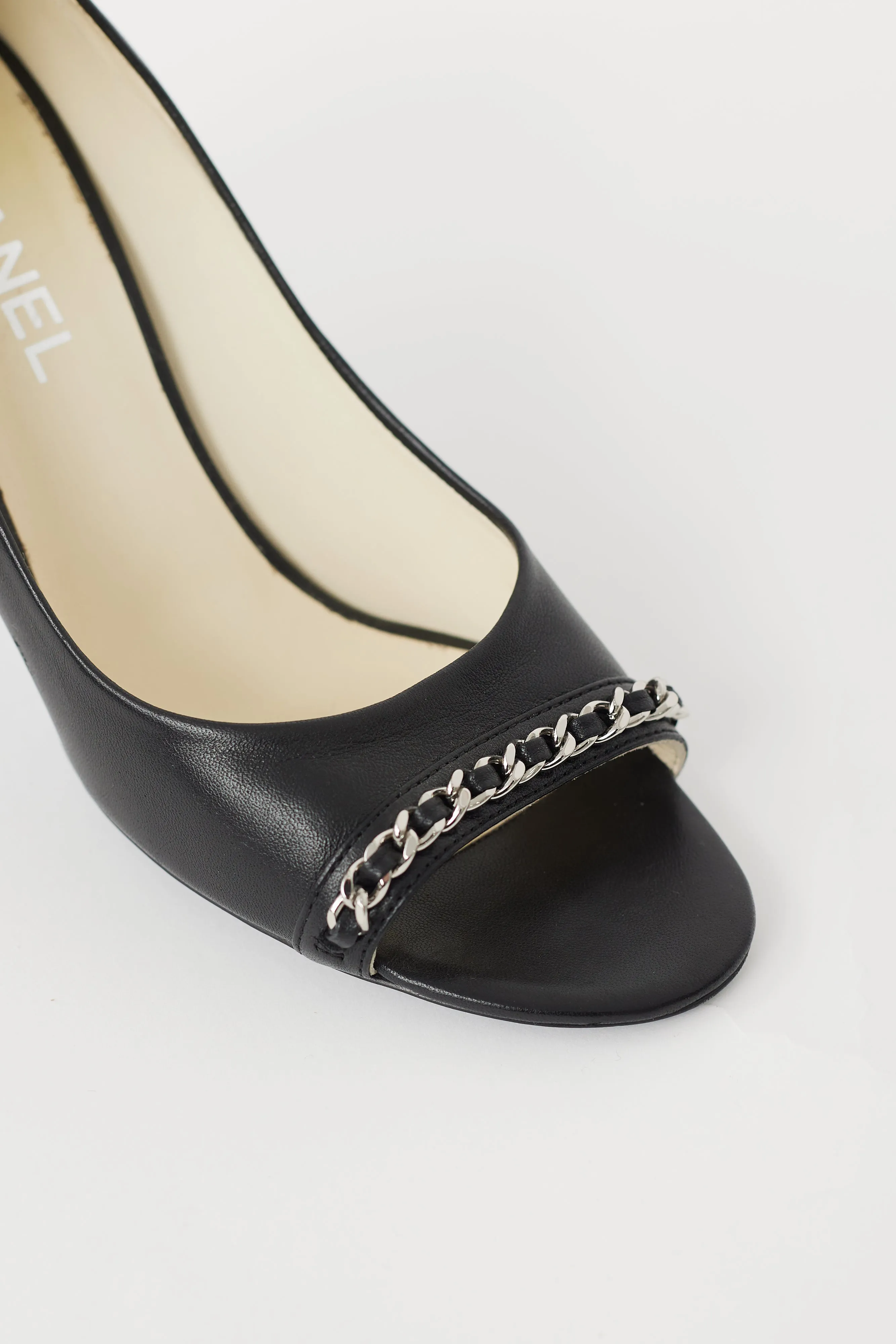 Black & Silver CC Chain Peep Toe Pump