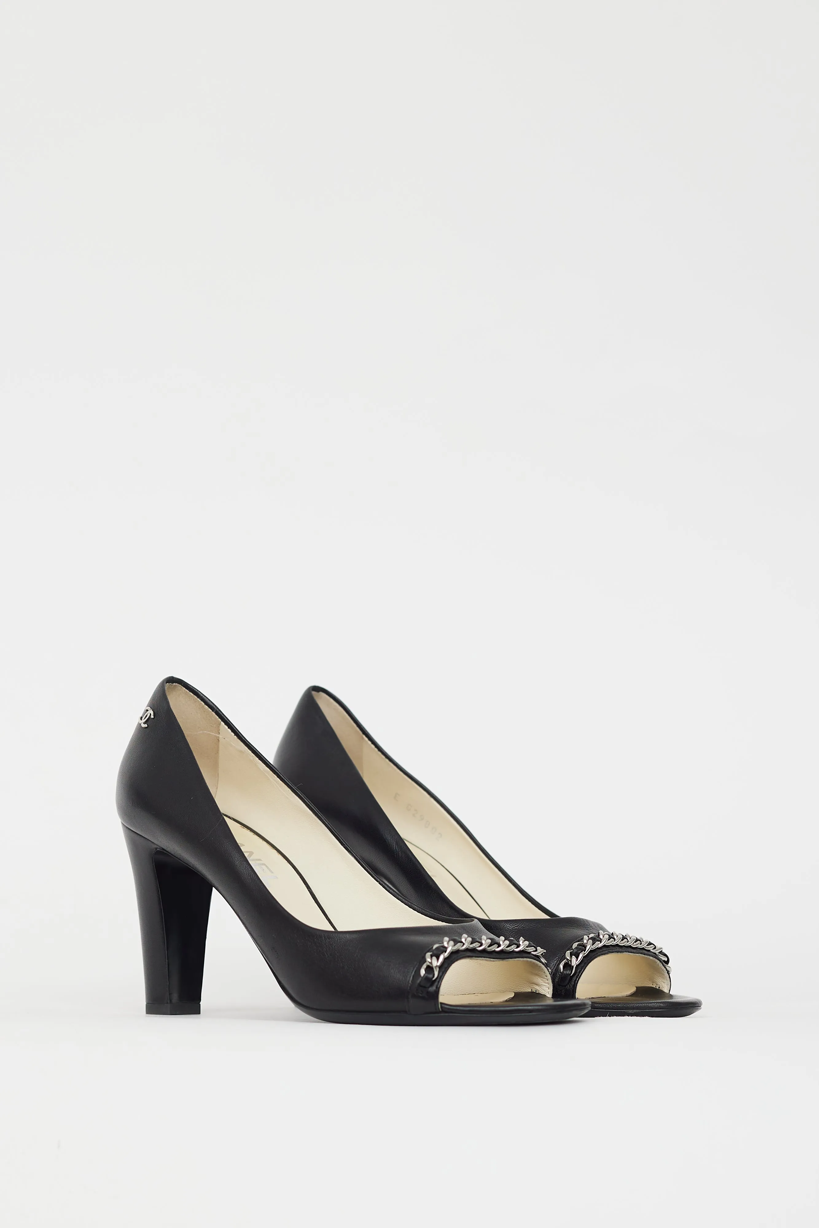 Black & Silver CC Chain Peep Toe Pump