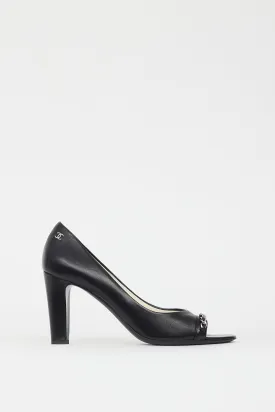 Black & Silver CC Chain Peep Toe Pump