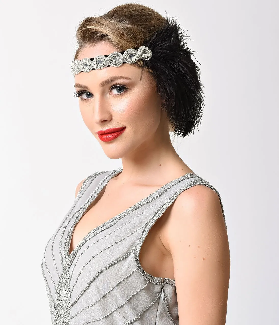 Black & Silver Rhinestone & Feather Coco Headband