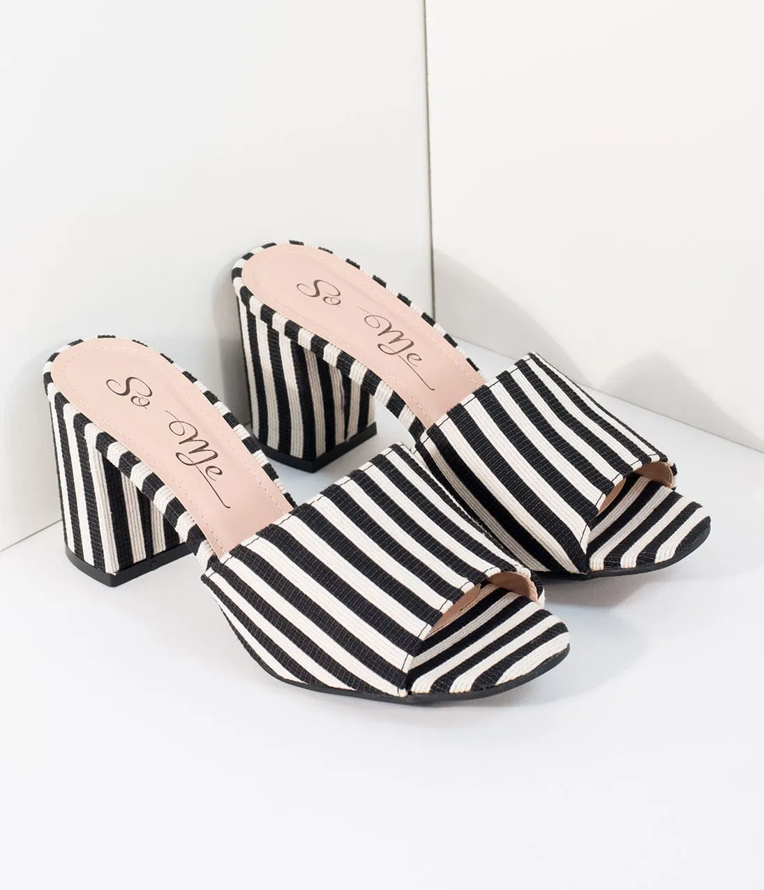 Black & White Stripe Woven Peep Toe Mule Heels