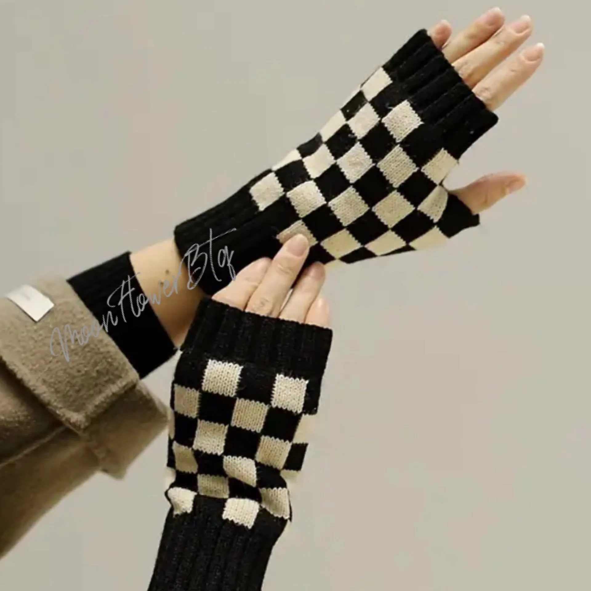 Black and White Checkerboard Knit Fingerless Gloves