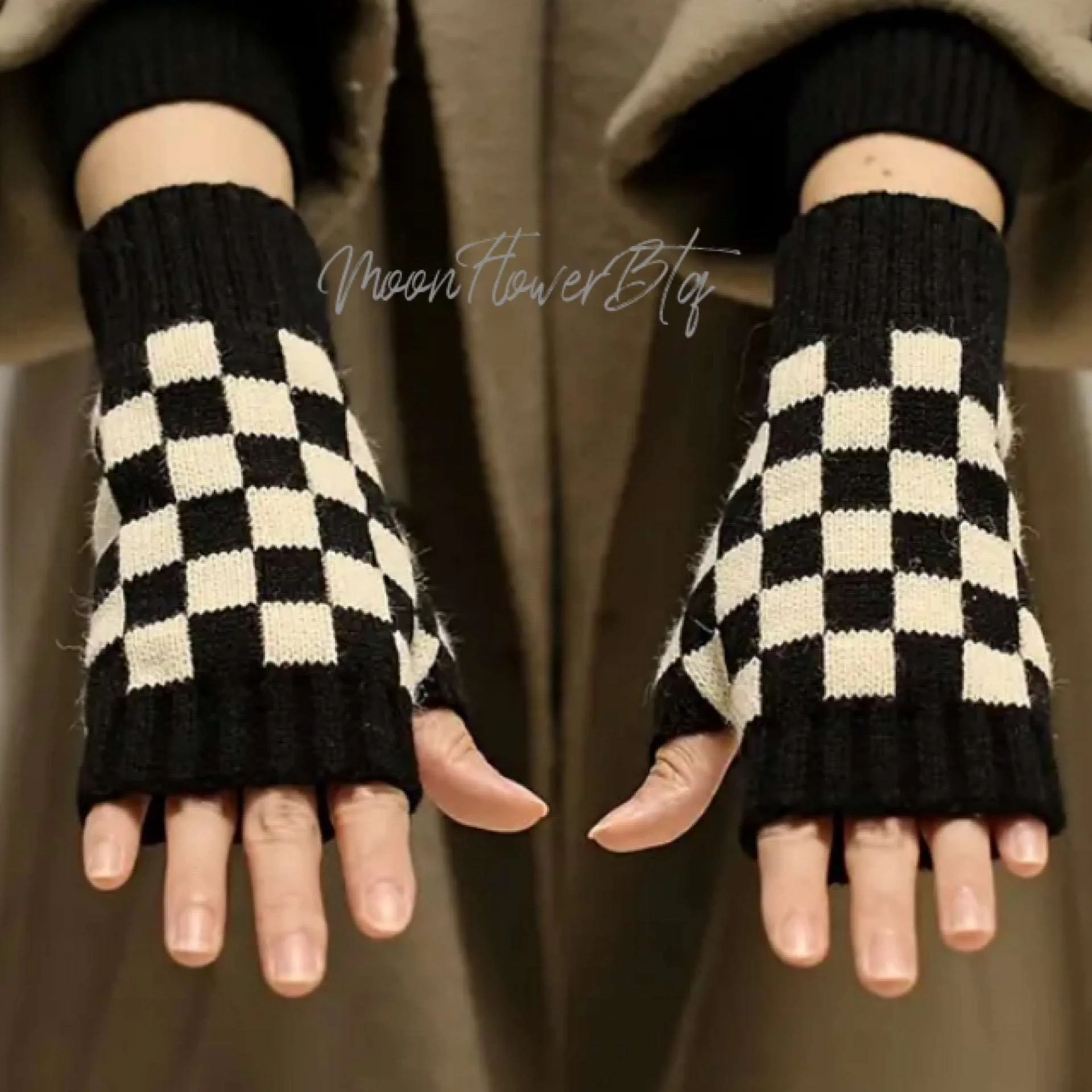 Black and White Checkerboard Knit Fingerless Gloves