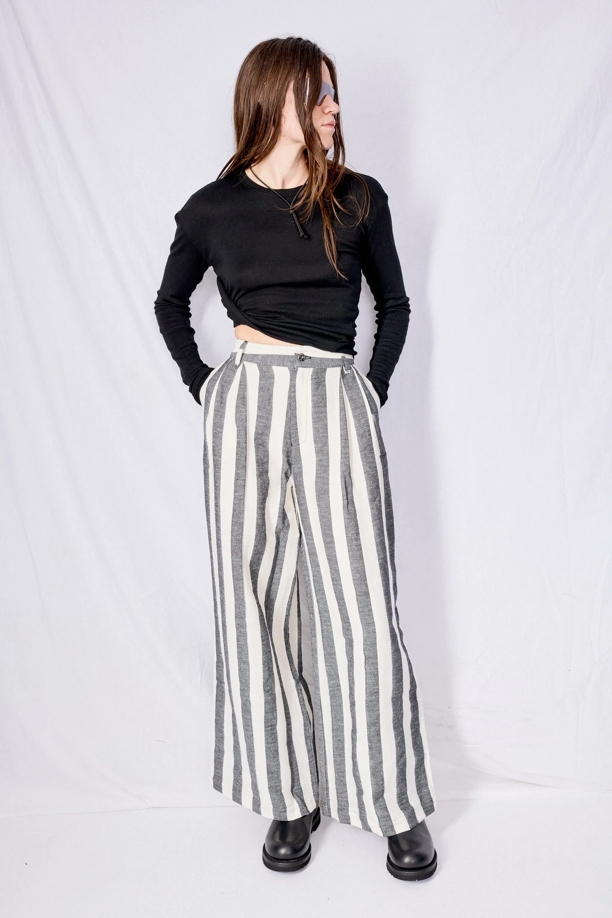 Black and White Linen Wide Leg Trousers