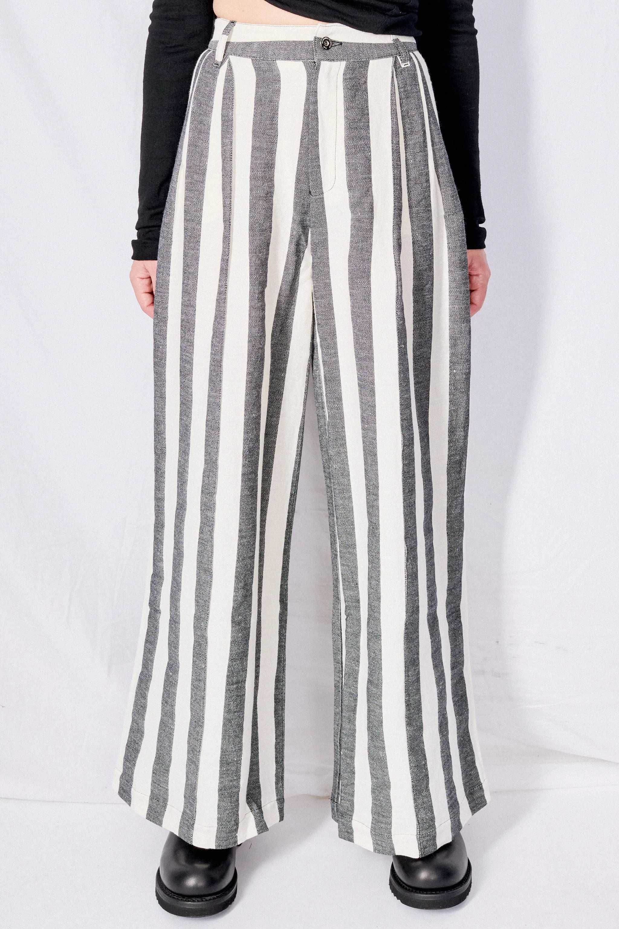 Black and White Linen Wide Leg Trousers