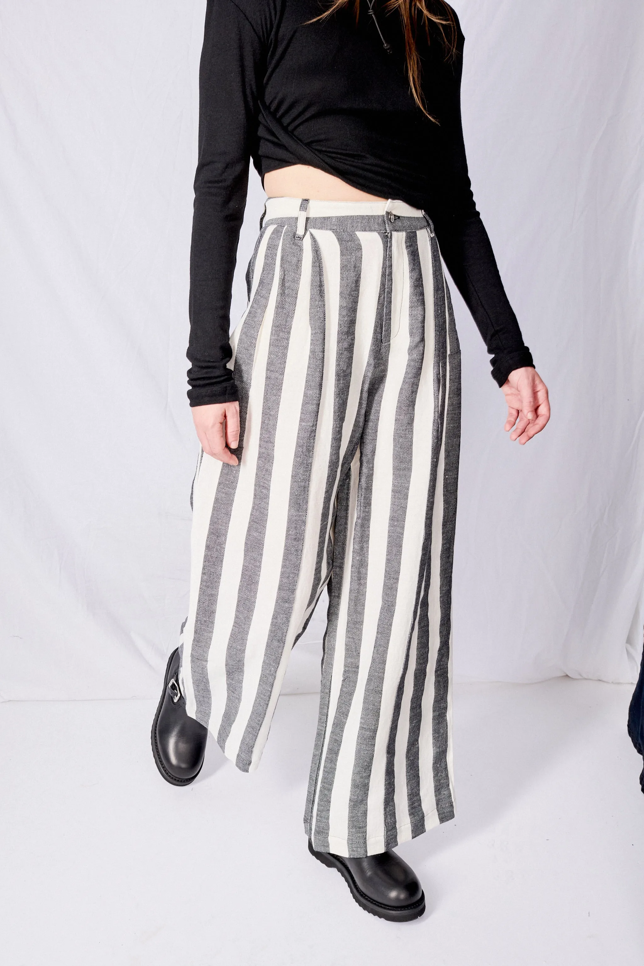 Black and White Linen Wide Leg Trousers