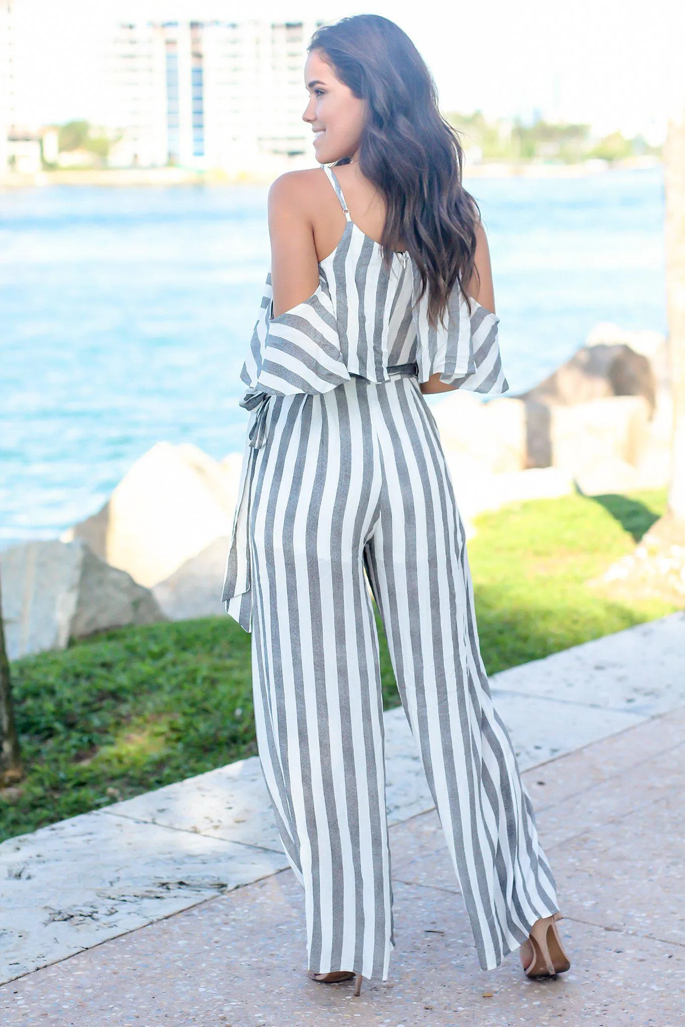 Black and White Striped Open Shoulder Jumpsuit