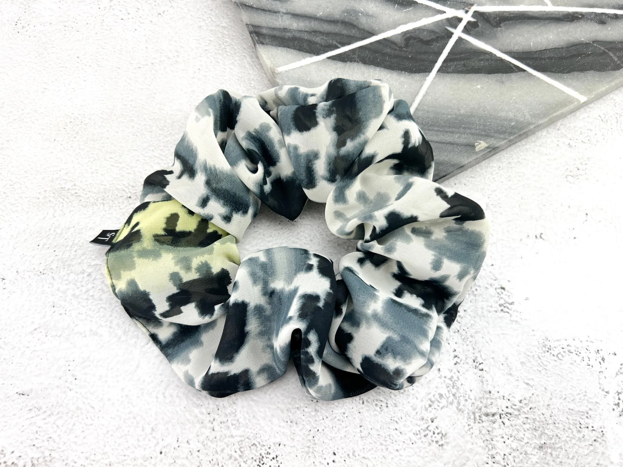 Black and White with Yellow Tie Dye Extra Large Hair Scrunchie SCR00043