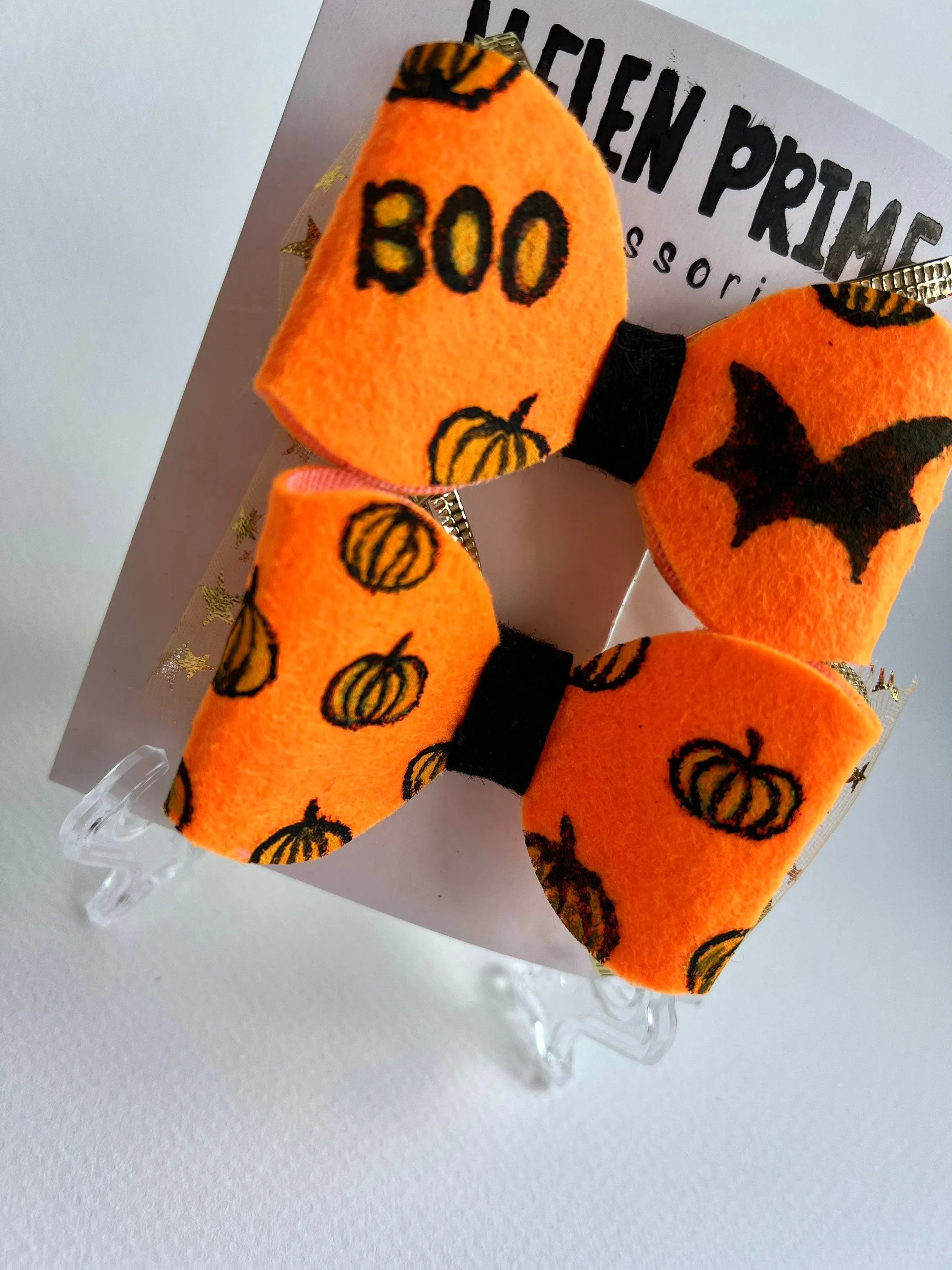 Black Bats Bows Orange Halloween Hair Bow Set with Felt Hand Painted Pumpkins Pigtail Bows Pinwheel Baby Bow Hello 1st Grade Accessories