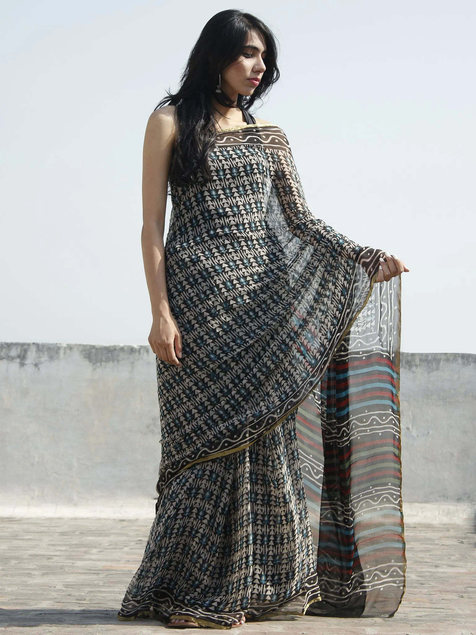 Black Beige Turquoise Hand Block Printed Chiffon Saree - S031702312