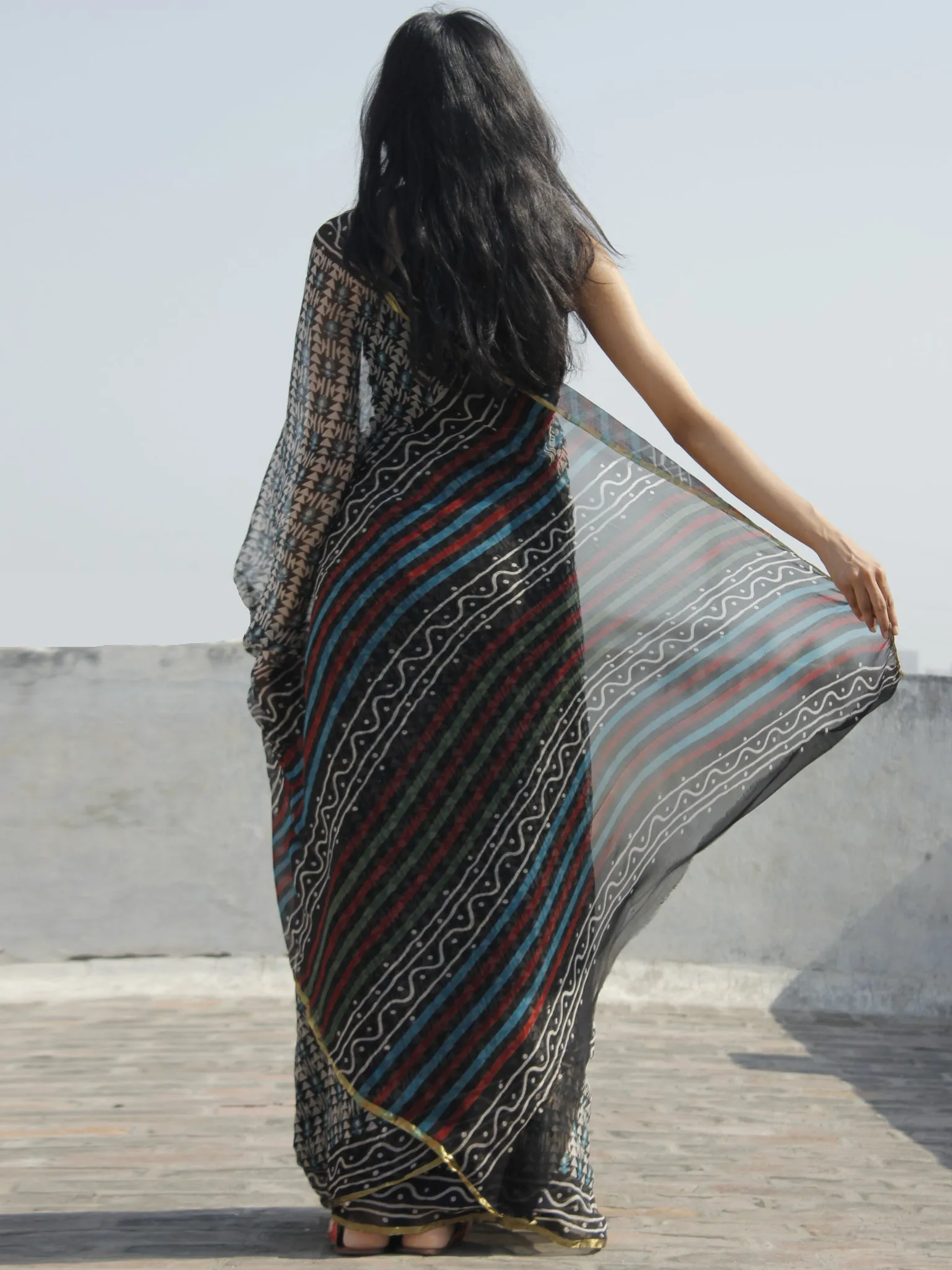 Black Beige Turquoise Hand Block Printed Chiffon Saree - S031702312