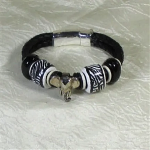 Black Braided Leather Bracelet Large Kazuri Bead & Elepahnt Accents