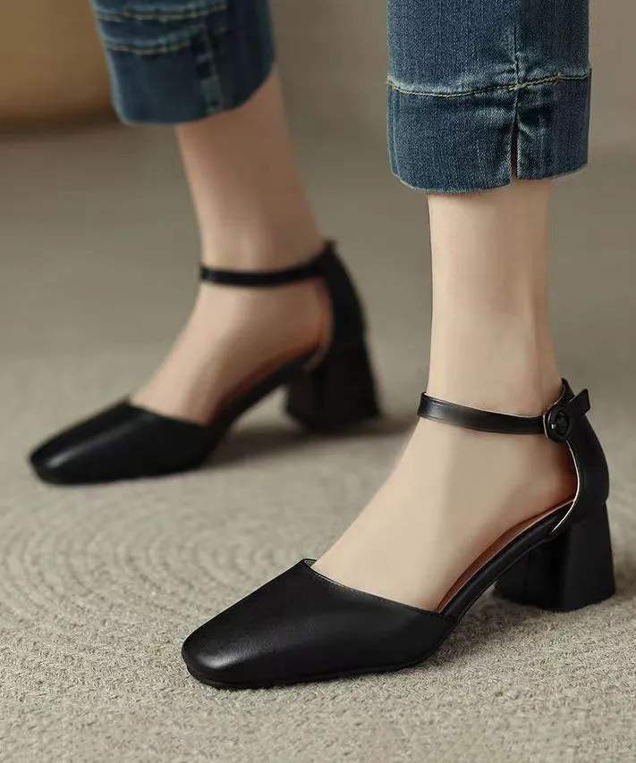 Black Buckle Strap Chunky High Heels