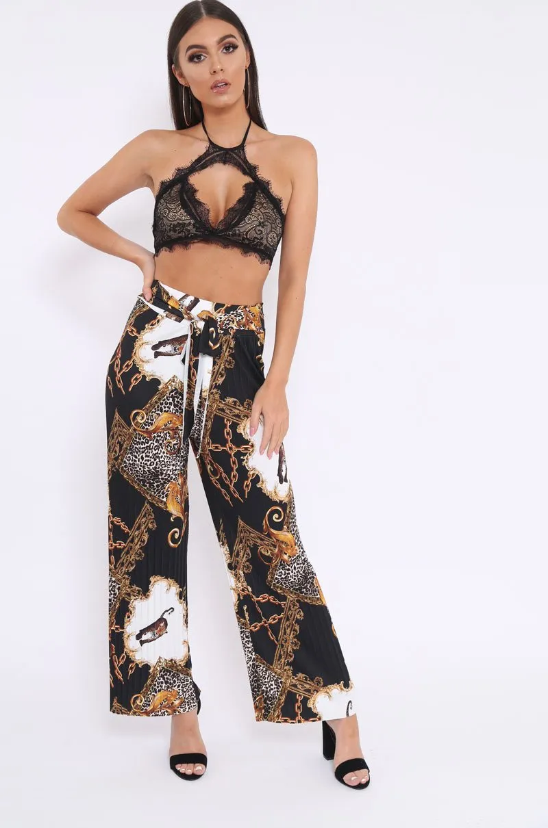 Black Chain Leopard Pleated Wide Leg Trousers - Bess