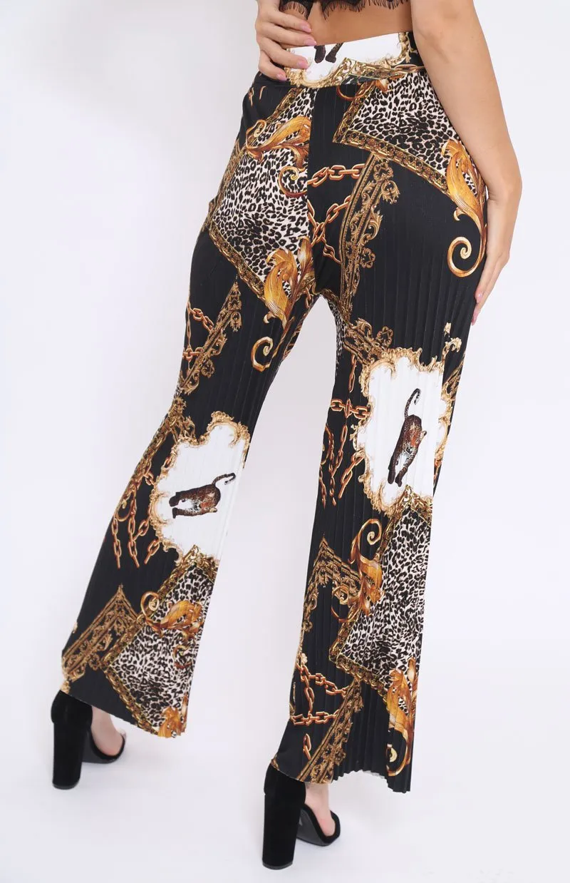 Black Chain Leopard Pleated Wide Leg Trousers - Bess