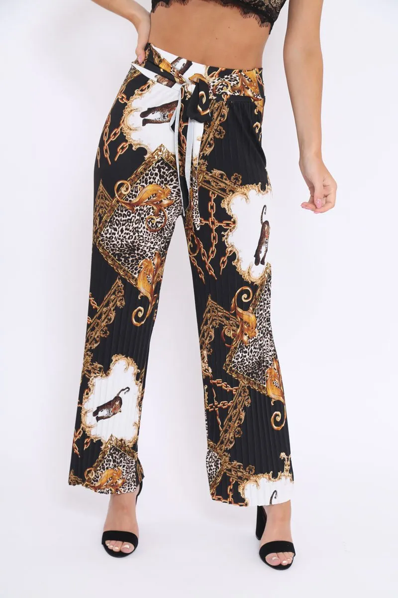 Black Chain Leopard Pleated Wide Leg Trousers - Bess